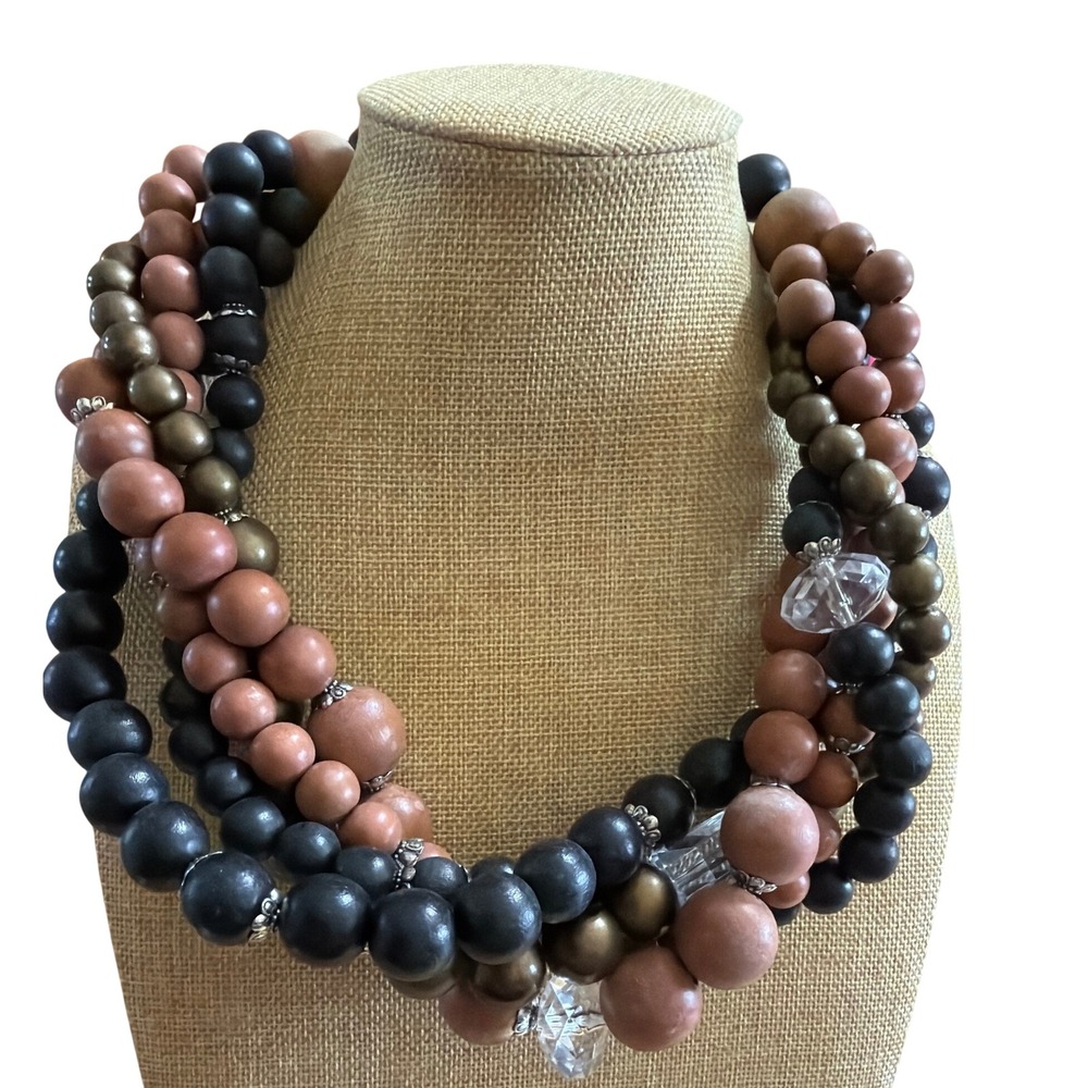 Chunky‎ Multi Strand Statement Necklace Earth Tone Matte Black Pink Bronze Beads